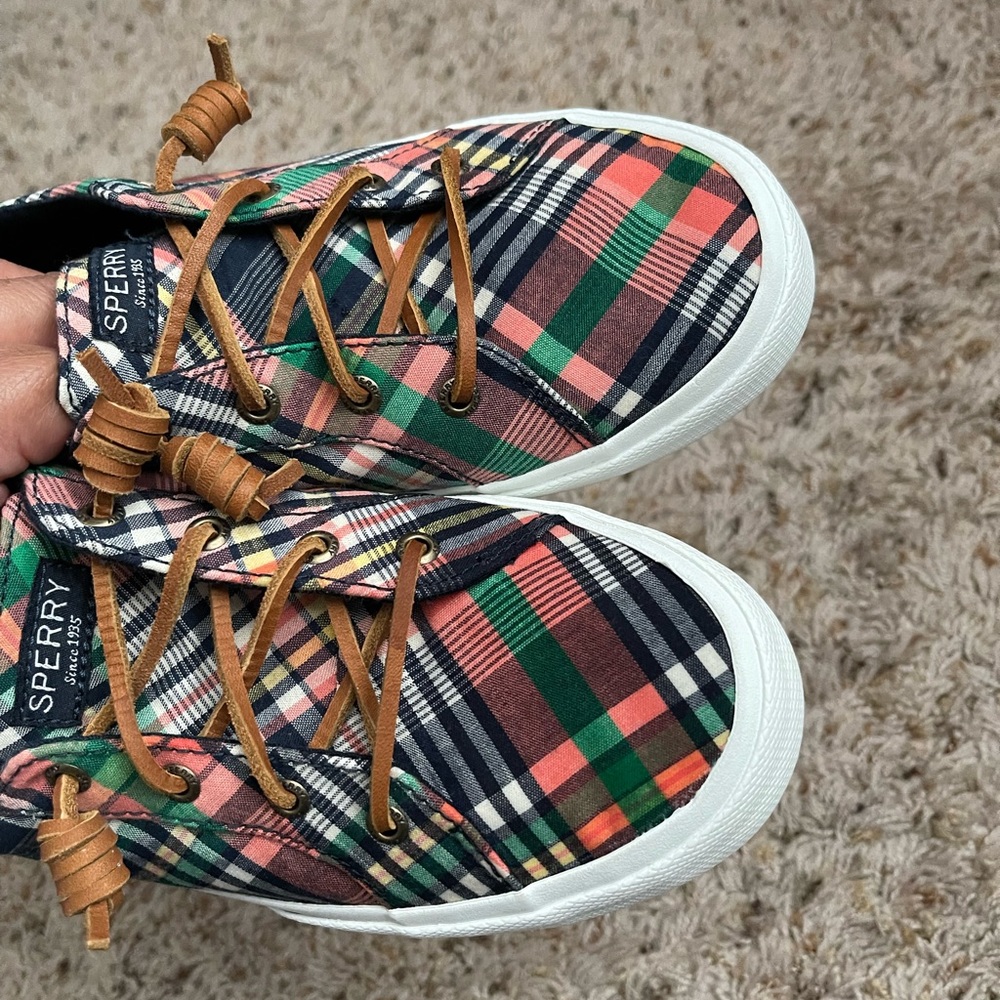 Sperry sneakers. Lether tie slip on and plaid fabric size 8.5